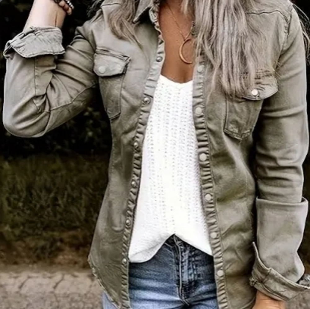 Temu Olive Ruffle Denim Jacket